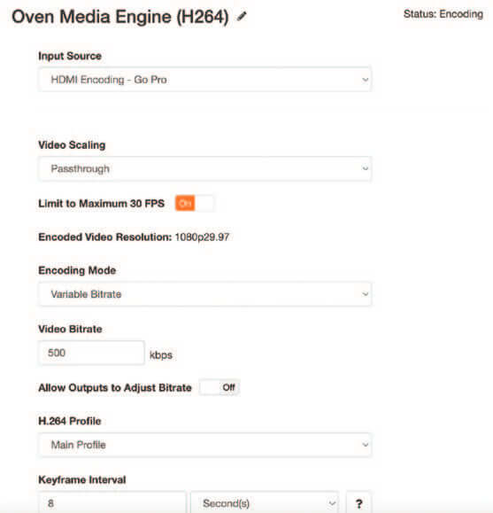 Encoding settings used for testing LiveEdge Max