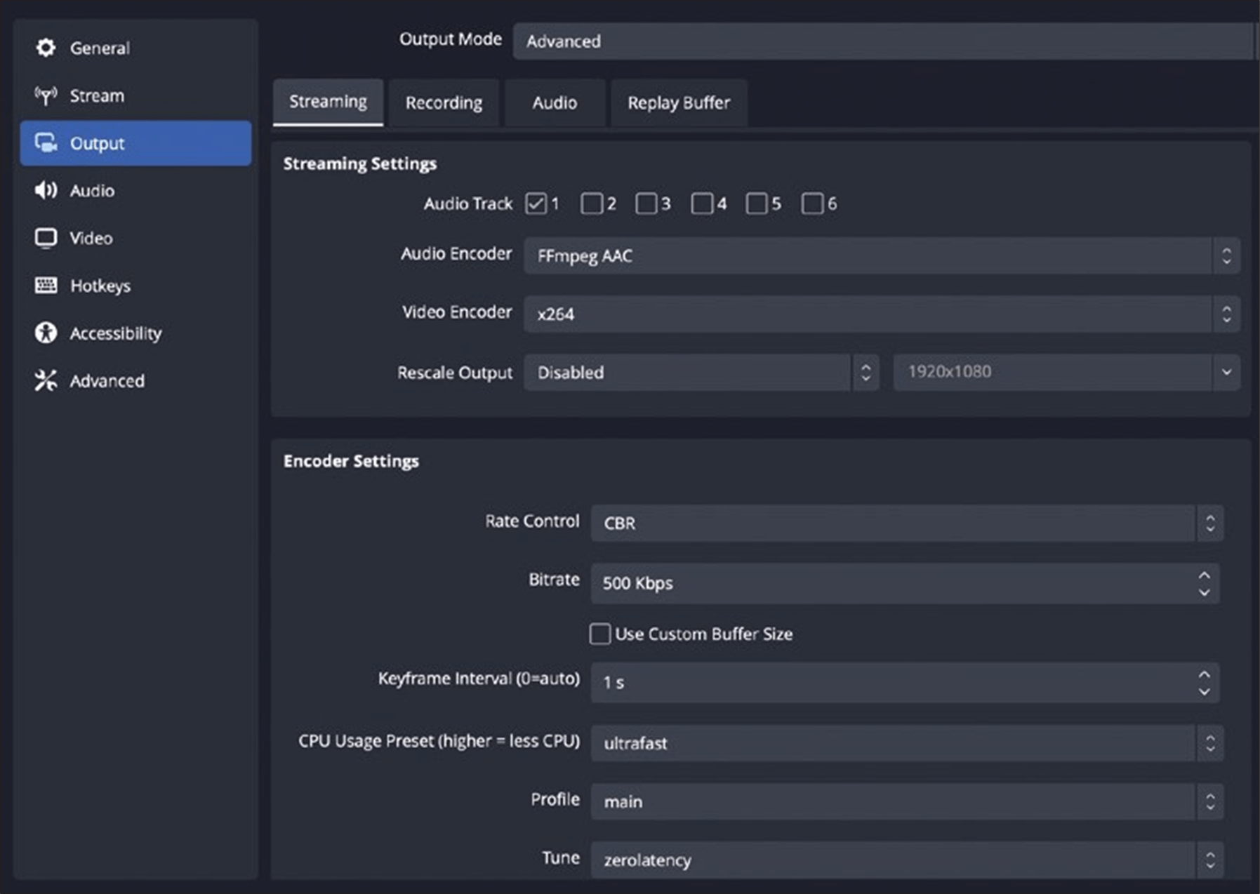 encoding settings used for testing obs